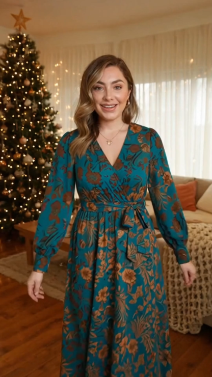 Elegant Floral V-Neck Long Sleeve Waist-Tied Dress