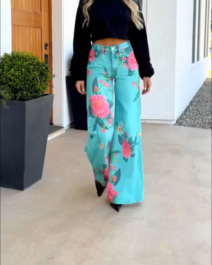 Retro Washed Cotton Denim Floral Wide-Leg Pants