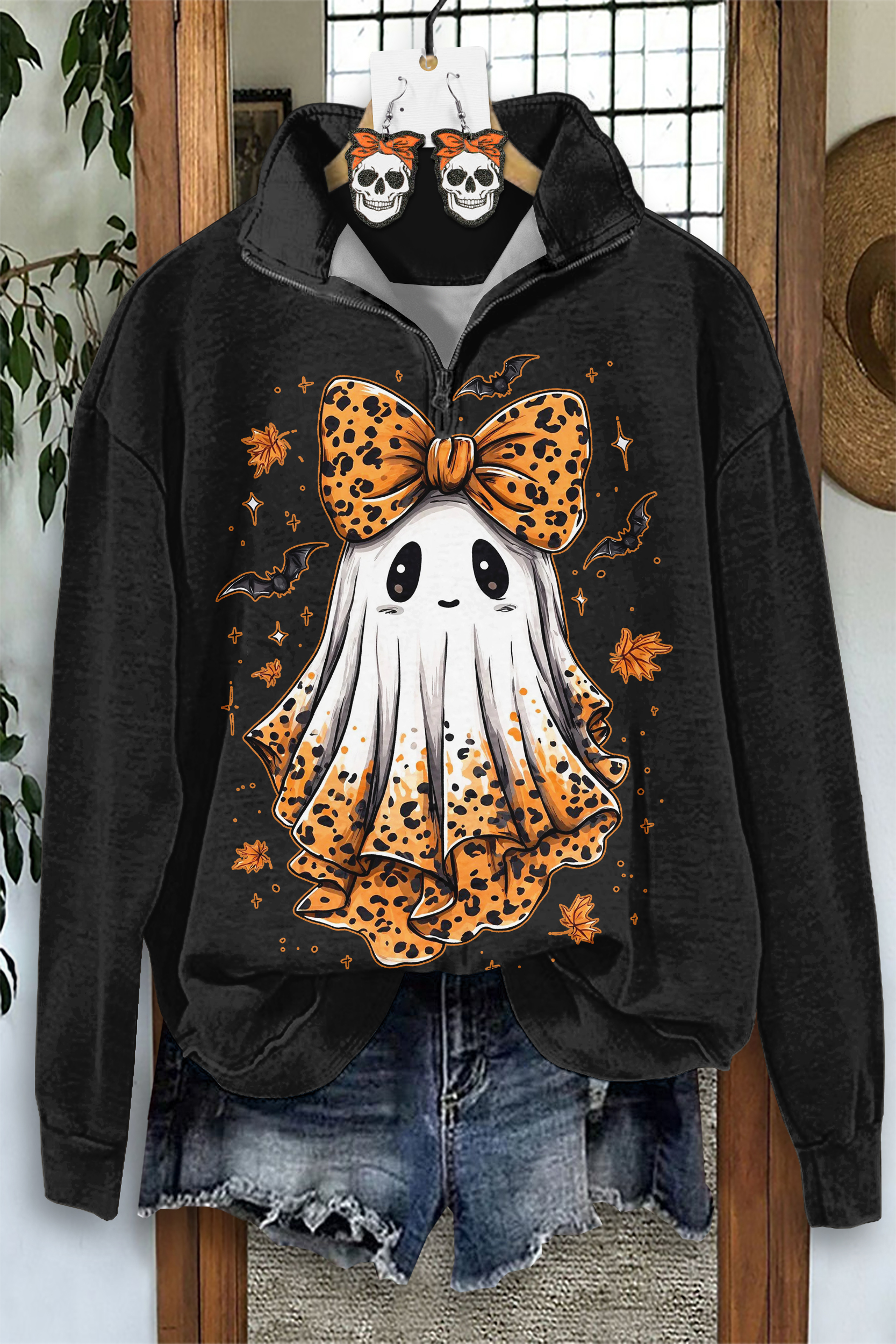 Cute Halloween Ghost Bow Zipper Sweatshirt