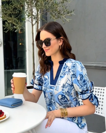 Elegant Floral Print Shirt With Bow-Tie Cuffs