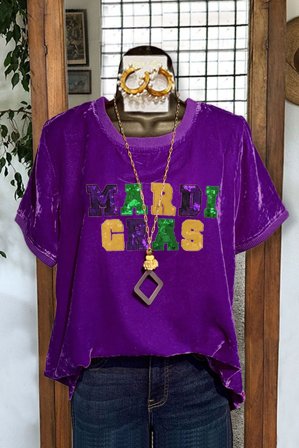 Mardi Gras Sequined Casual Velvet Top