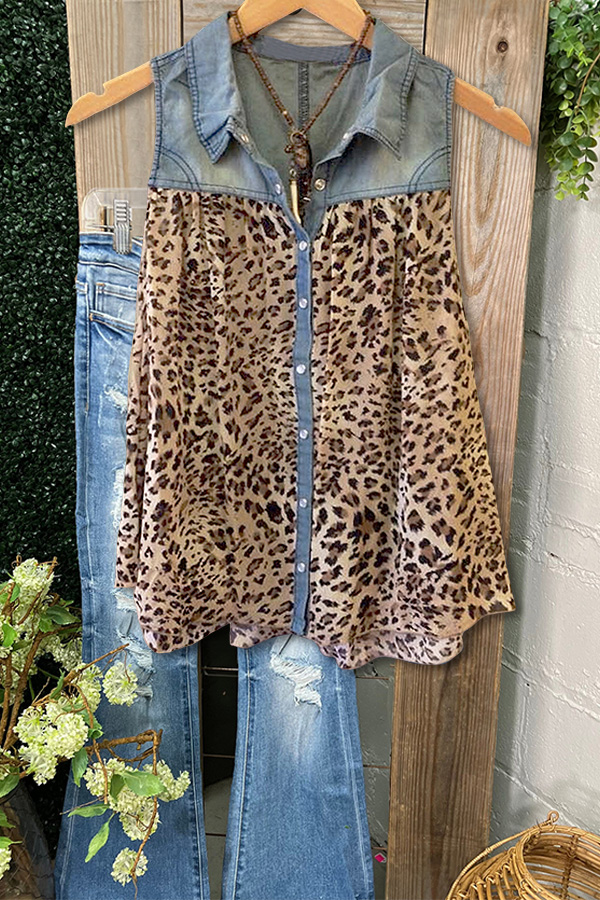 Vintage Denim Style Leopard Patchwork Vest