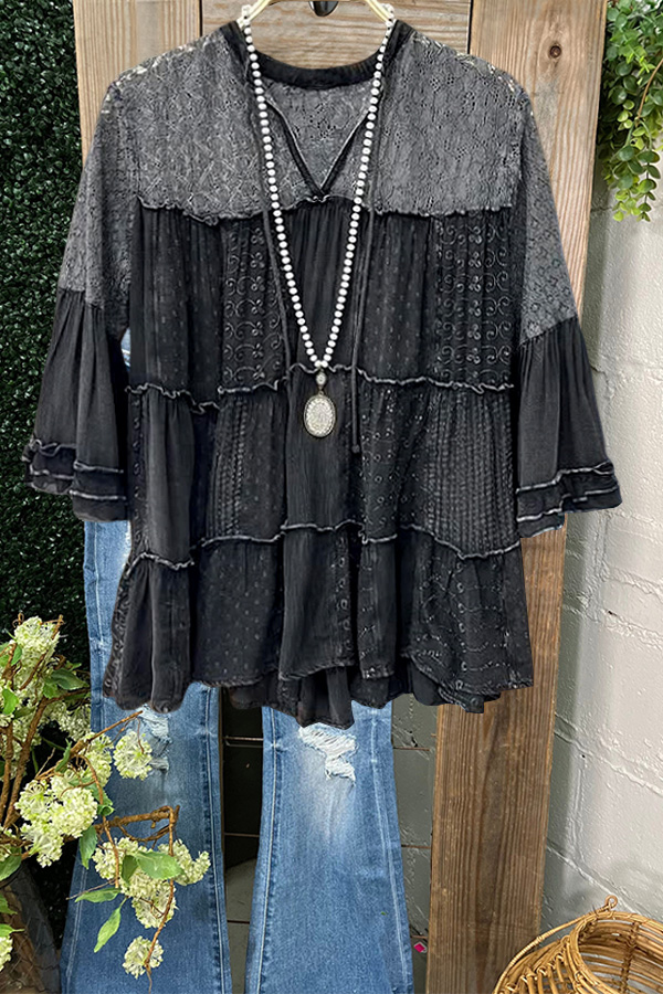 Grey Lace And Printed Fabric Bell Sleeve Top