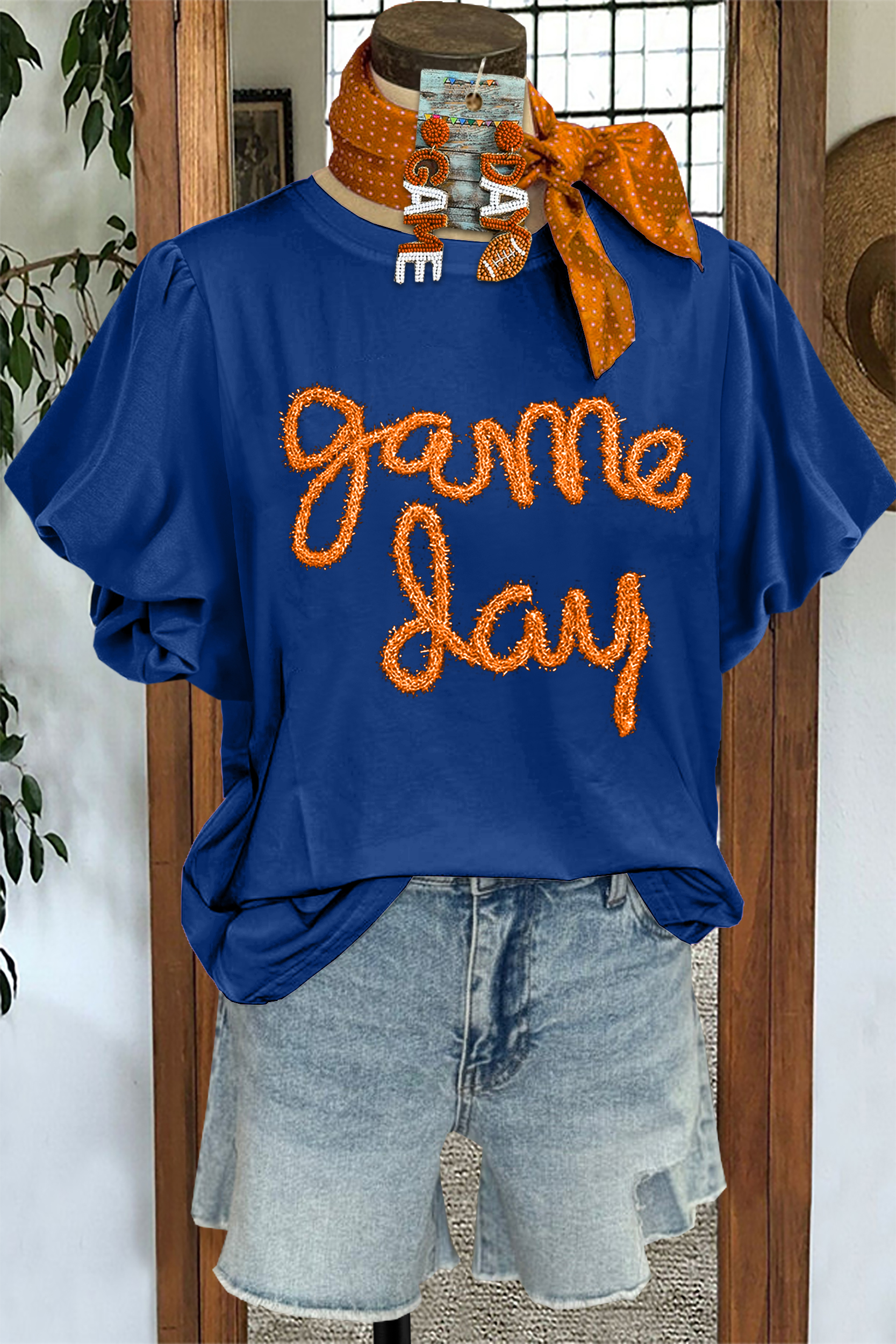 Casual Gameday Letter Puff Sleeve T-shirt