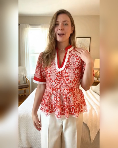 Eyelet Fabric Color Blocked Ruffle Shirt