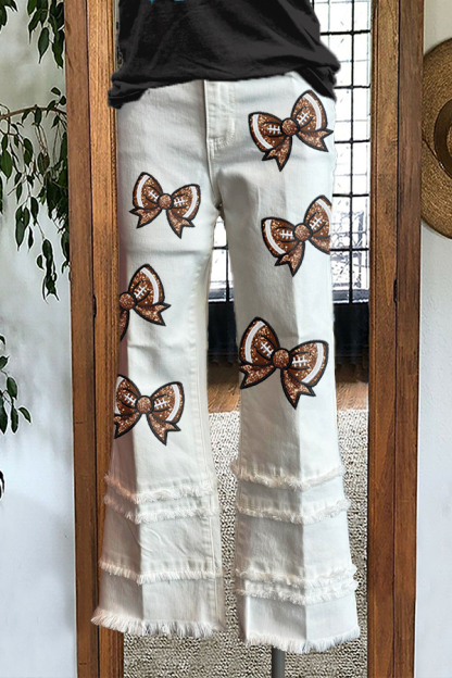 Football Bows Gameday Print Fringed Hem Pants
