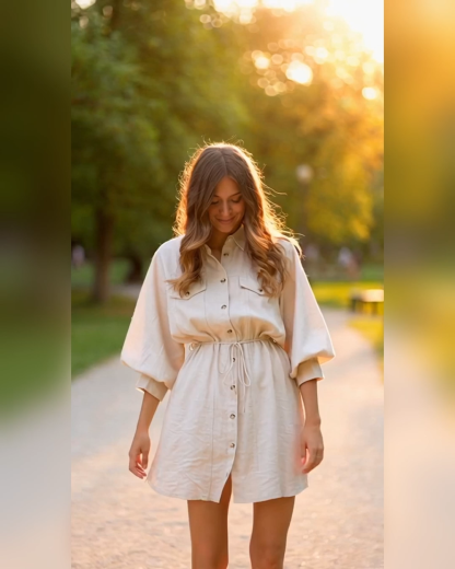 Soft Puff Sleeve Button Down Mini Dress