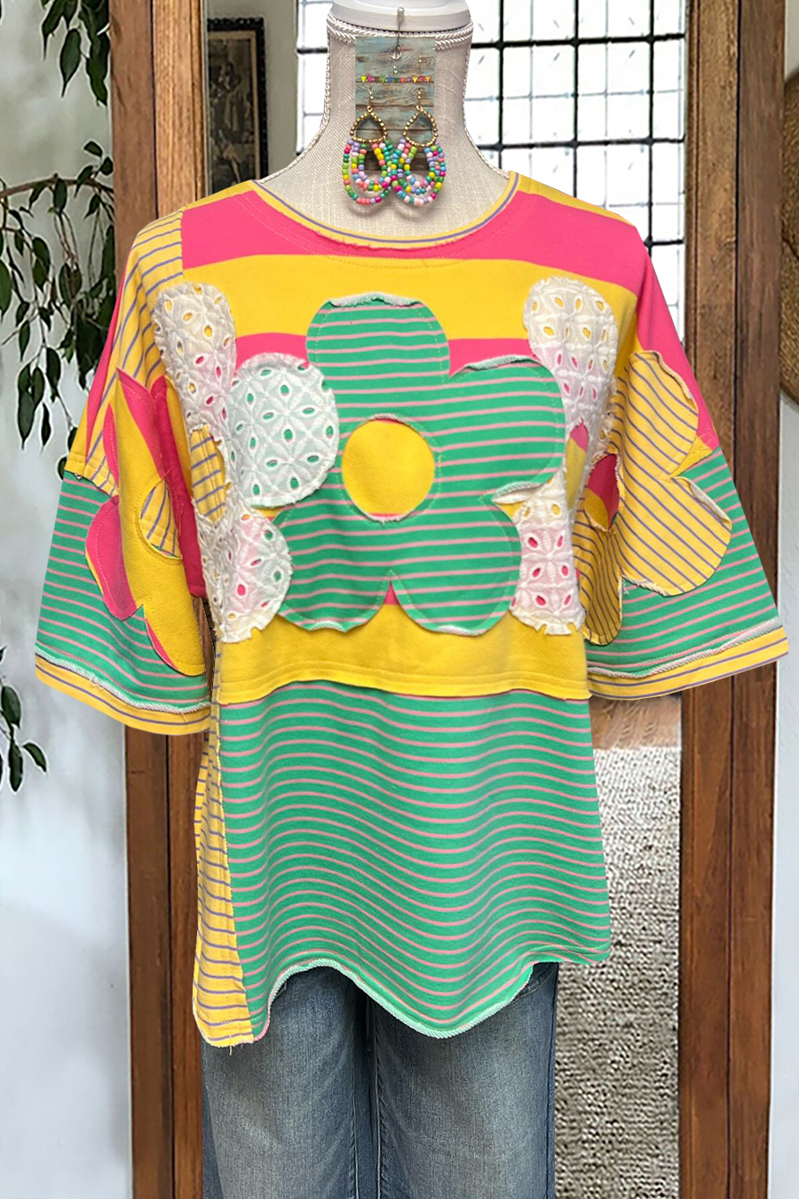 Fresh Floral Patchwork Contrast Color T-Shirt