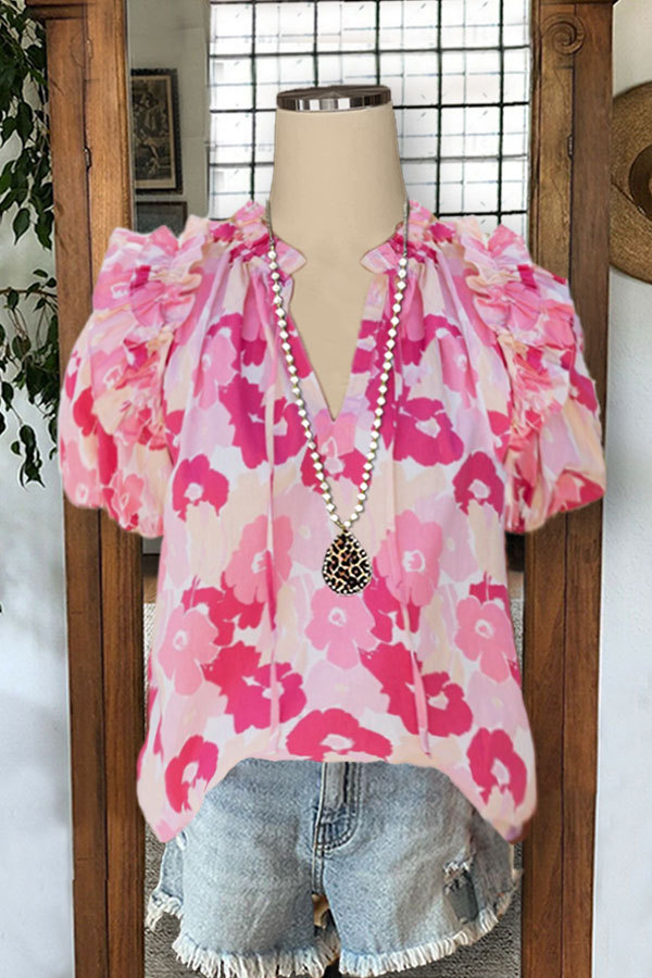 Women's top | Pleated Ruffle Puff Sleeve Floral Print V-neck Blouse |ladyboutiquebd
