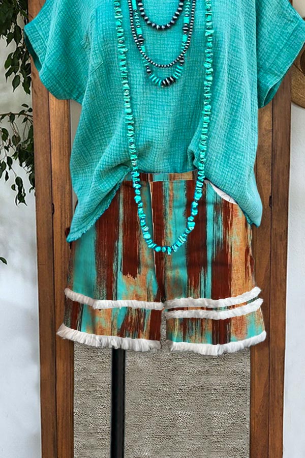 Frayed Paneled Vintage Print Shorts