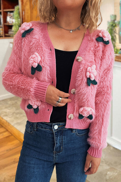Plush 3D Flower Short Cardigan