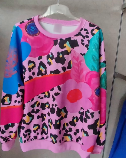 Sweet Leopard Print Floral Crew Neck Sweatshirt