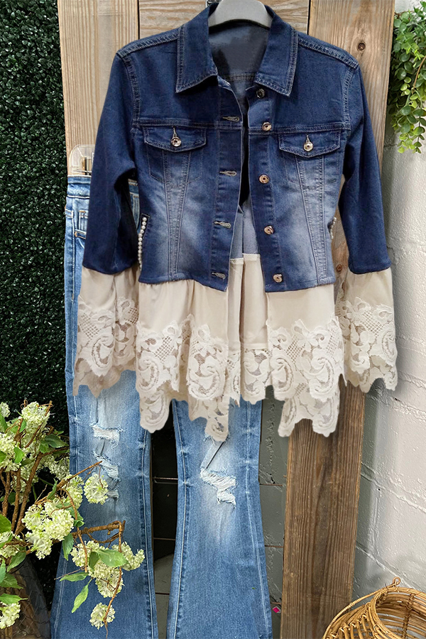 Vintage Denim Crochet Floral Patch Jacket