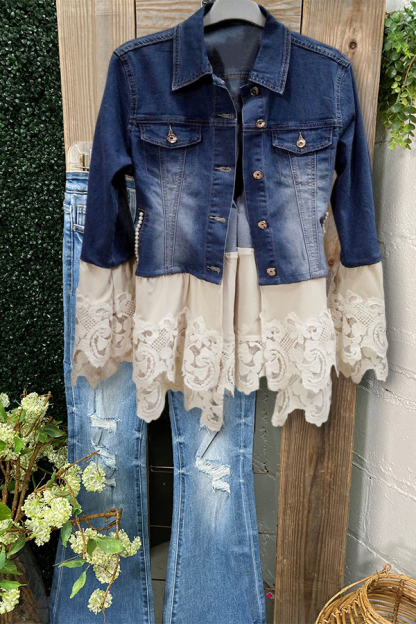 Vintage Denim Crochet Floral Patch Jacket