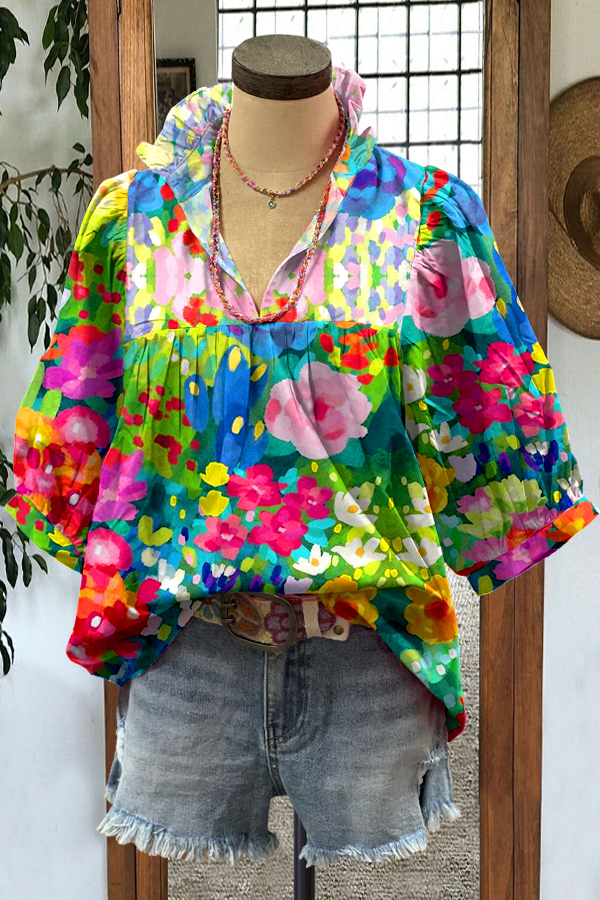 Women's top | Elegant Contrast Floral Print Blouse |ladyboutiquebd