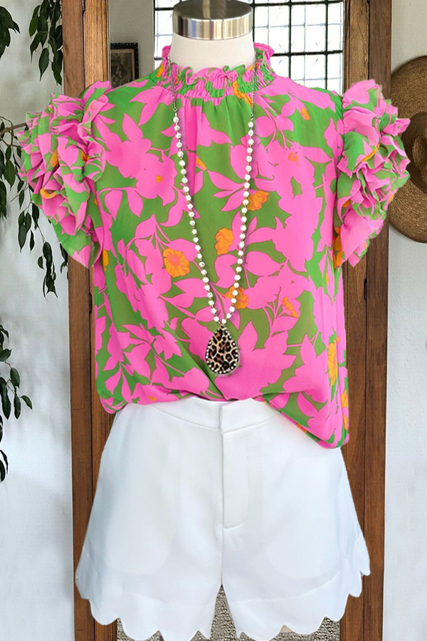 Leaf Print Layered Ruffle Sleeve T-shirt