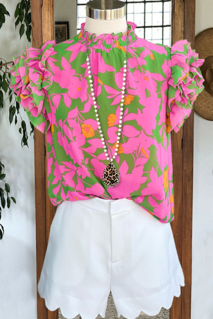 Leaf Print Layered Ruffle Sleeve T-shirt