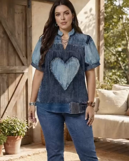 Denim-Style Heart Puff Sleeve Shirt