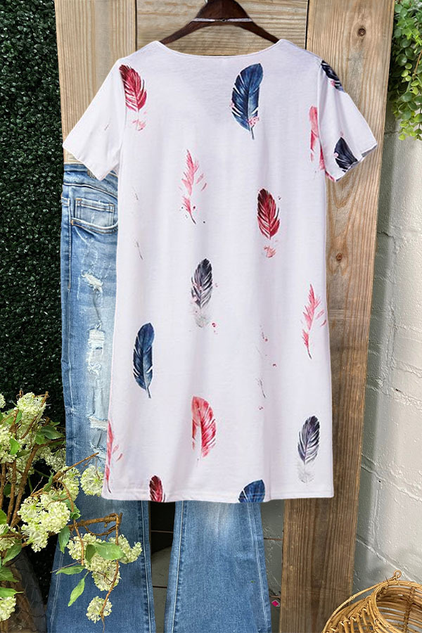 Feather Print V-neck Short Sleeve Dress