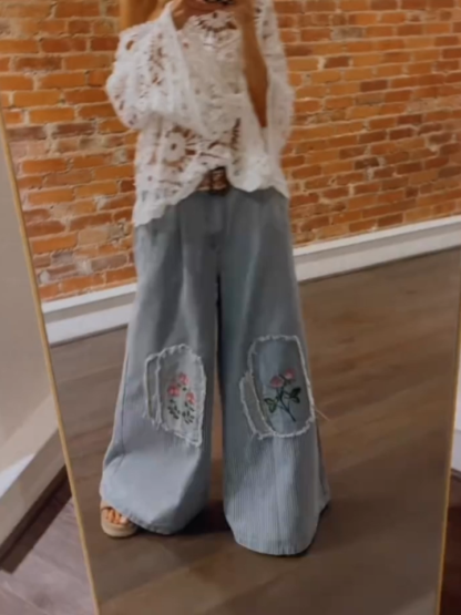 Denim Wide-Leg Pants With Floral Patches