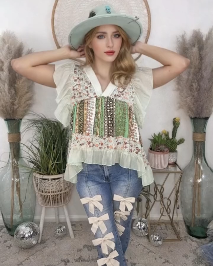 Fresh Floral Ruffle Flutter Sleeve Blouses