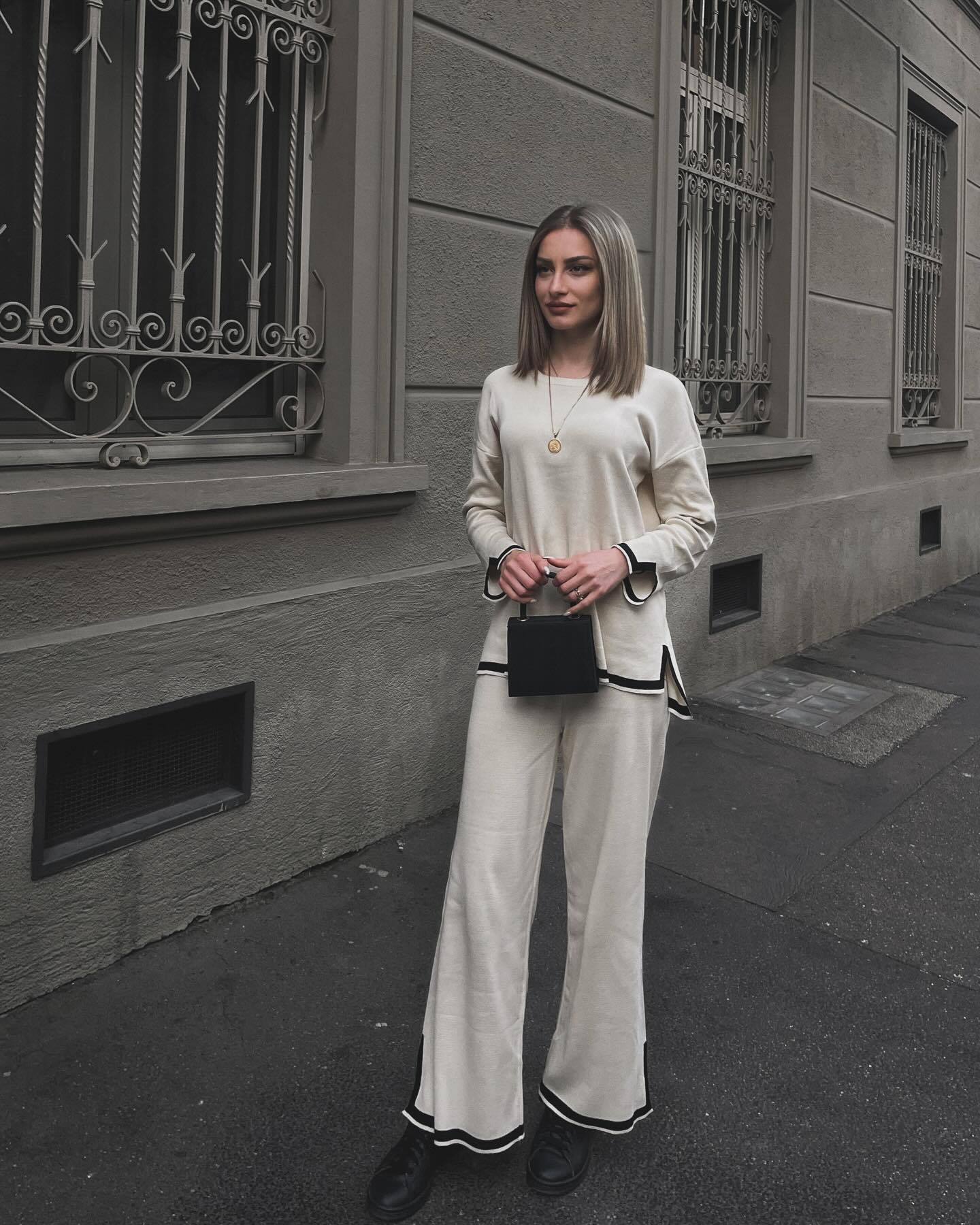 Casual Pullover Tops Wide Leg Pants Knit Sets