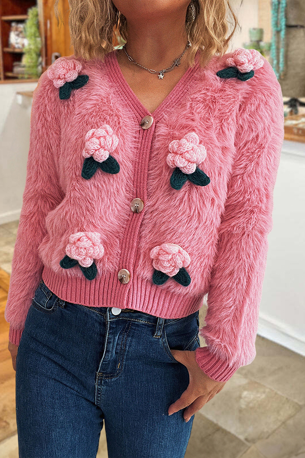 Plush 3D Flower Short Cardigan