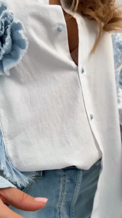 Cotton Denim Floral Ruffle Shirt