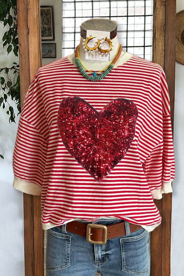Women's top | Heart Sequin Striped Print T-shirt |ladyboutiquebd
