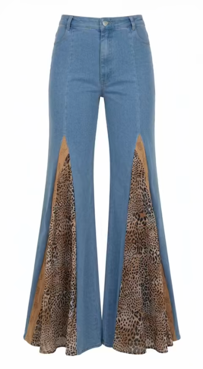 Classic Leopard Print Patchwork Denim Flare Pants