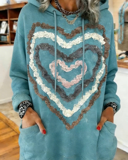 Retro Heart Ruffle Pocket Hoodie