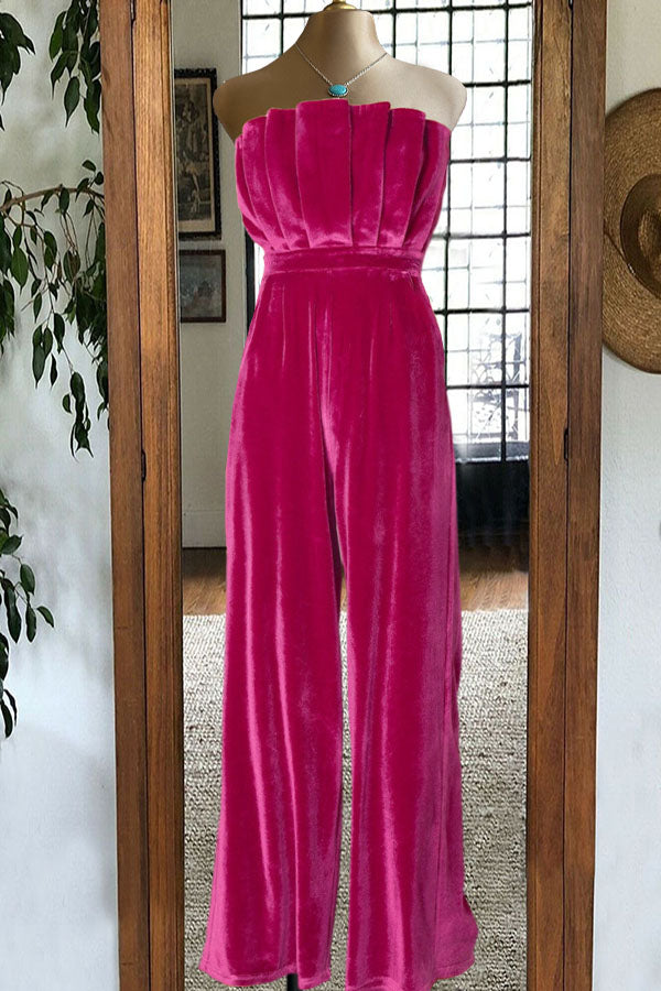 Soft Pleated Velour Sleeveless Jumpsuit