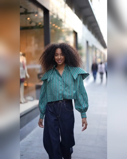 Striped Floral Peter Pan Collar Puff Sleeves Shirt