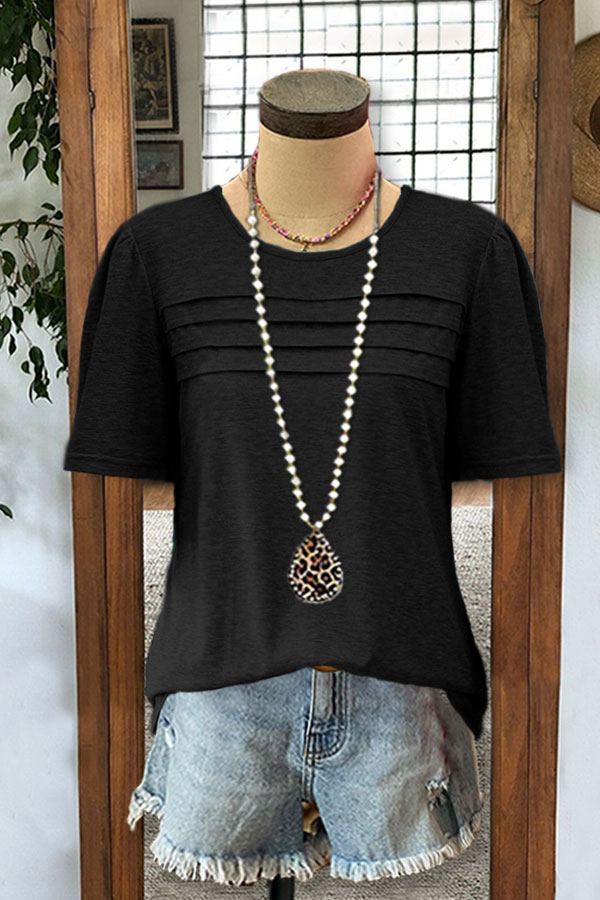 Solid Color Crew Neck Pleated T-shirt