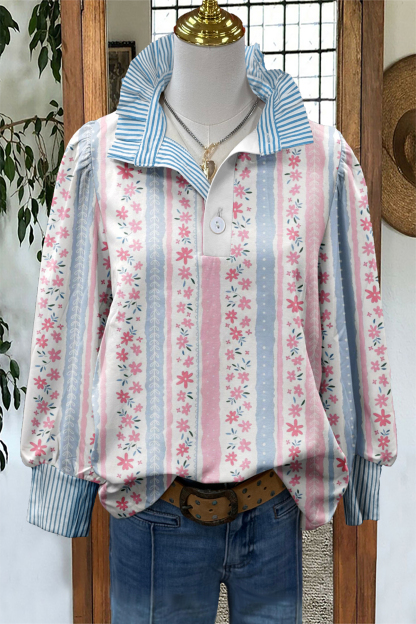 Sweet Floral Print Striped Blouse