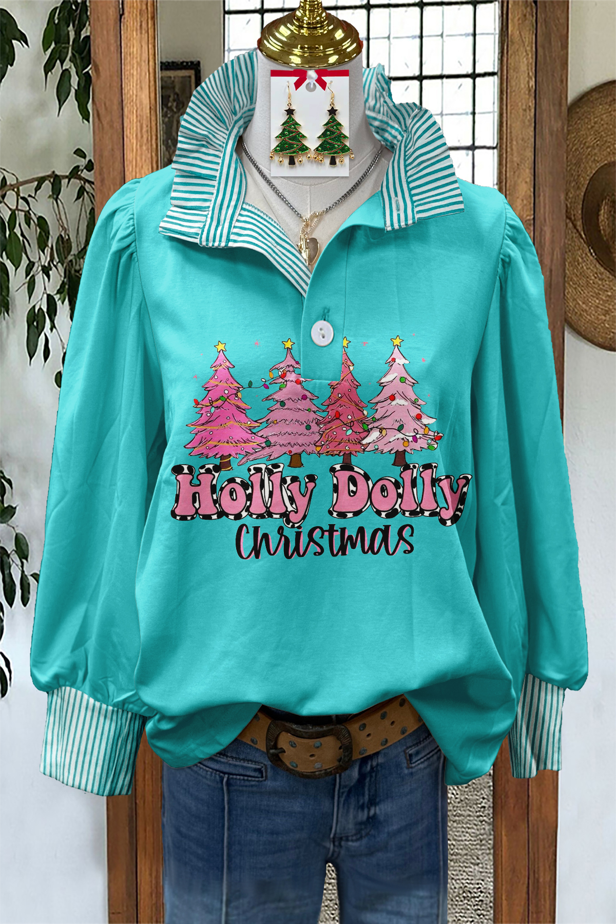 Women's top | Fresh Christmas Tree Print Stand Collar Blouse |ladyboutiquebd