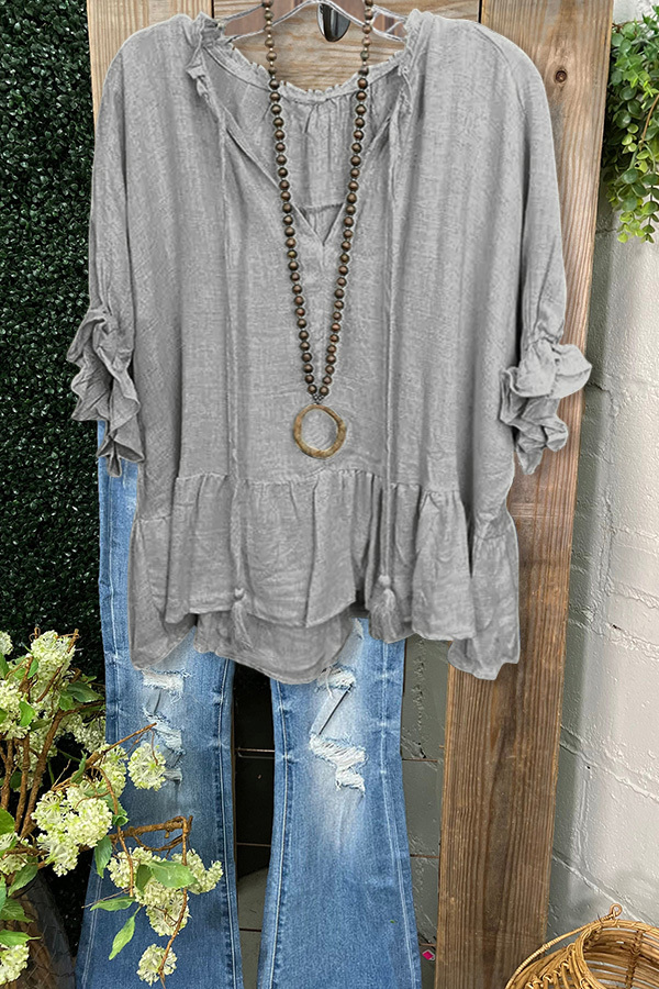 Casual Loose Linen Ruffle Sleeve Top