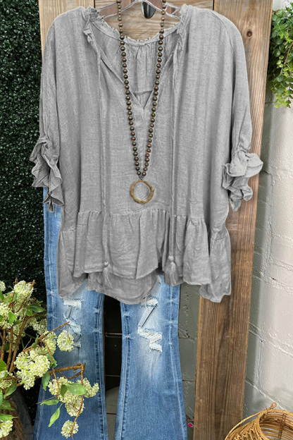 Casual Loose Linen Ruffle Sleeve Top
