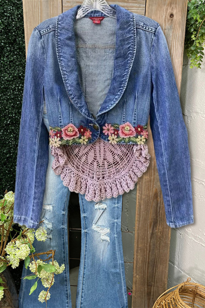 Vintage Lace Patchwork Floral Embroidery Denim Jacket