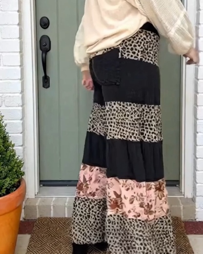 Classic Leopard Floral Color Block Loose Pants