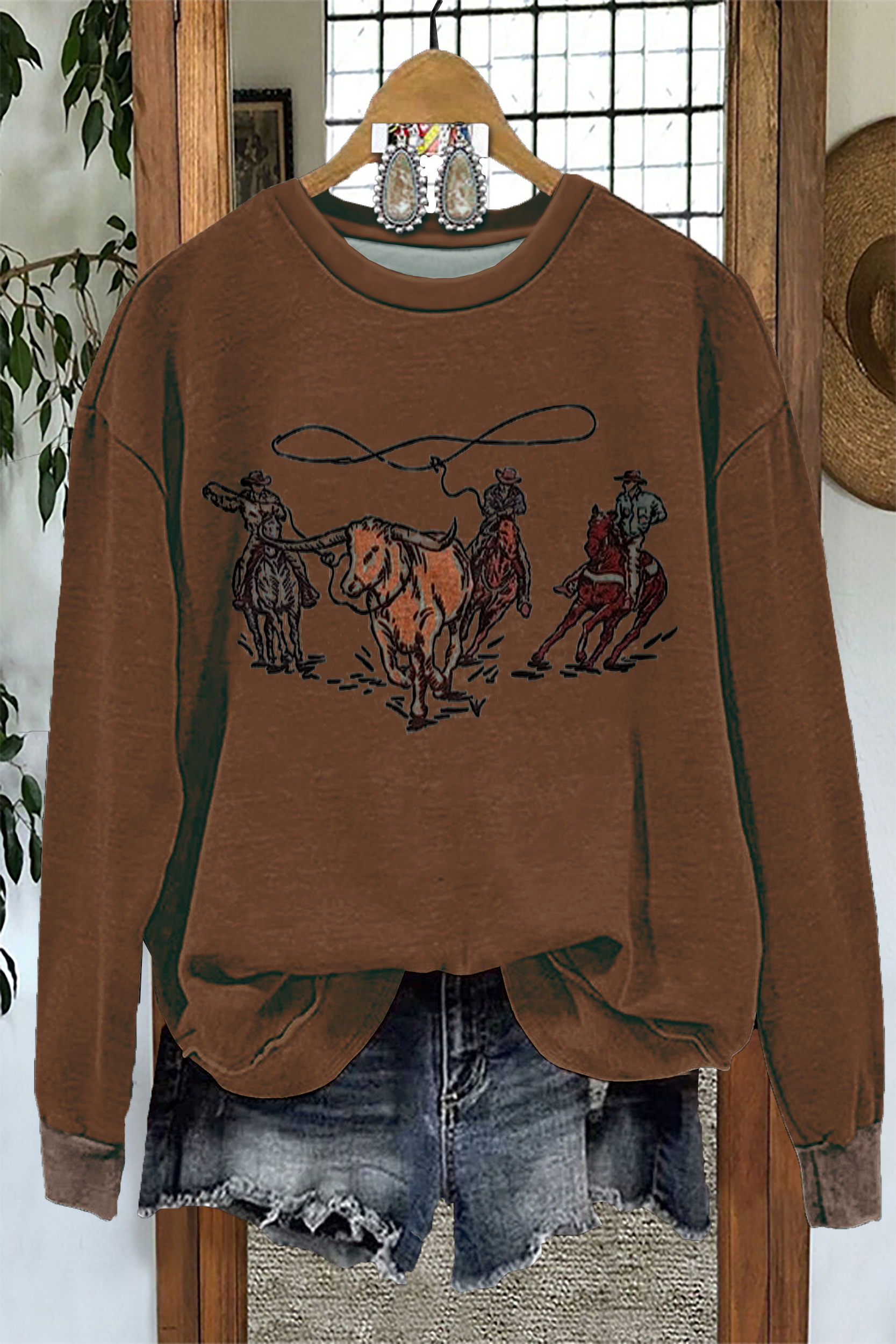 Retro Western Cowboy Print Long Sleeve Sweatshirt