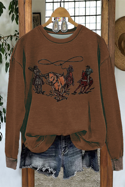 Retro Western Cowboy Print Long Sleeve Sweatshirt