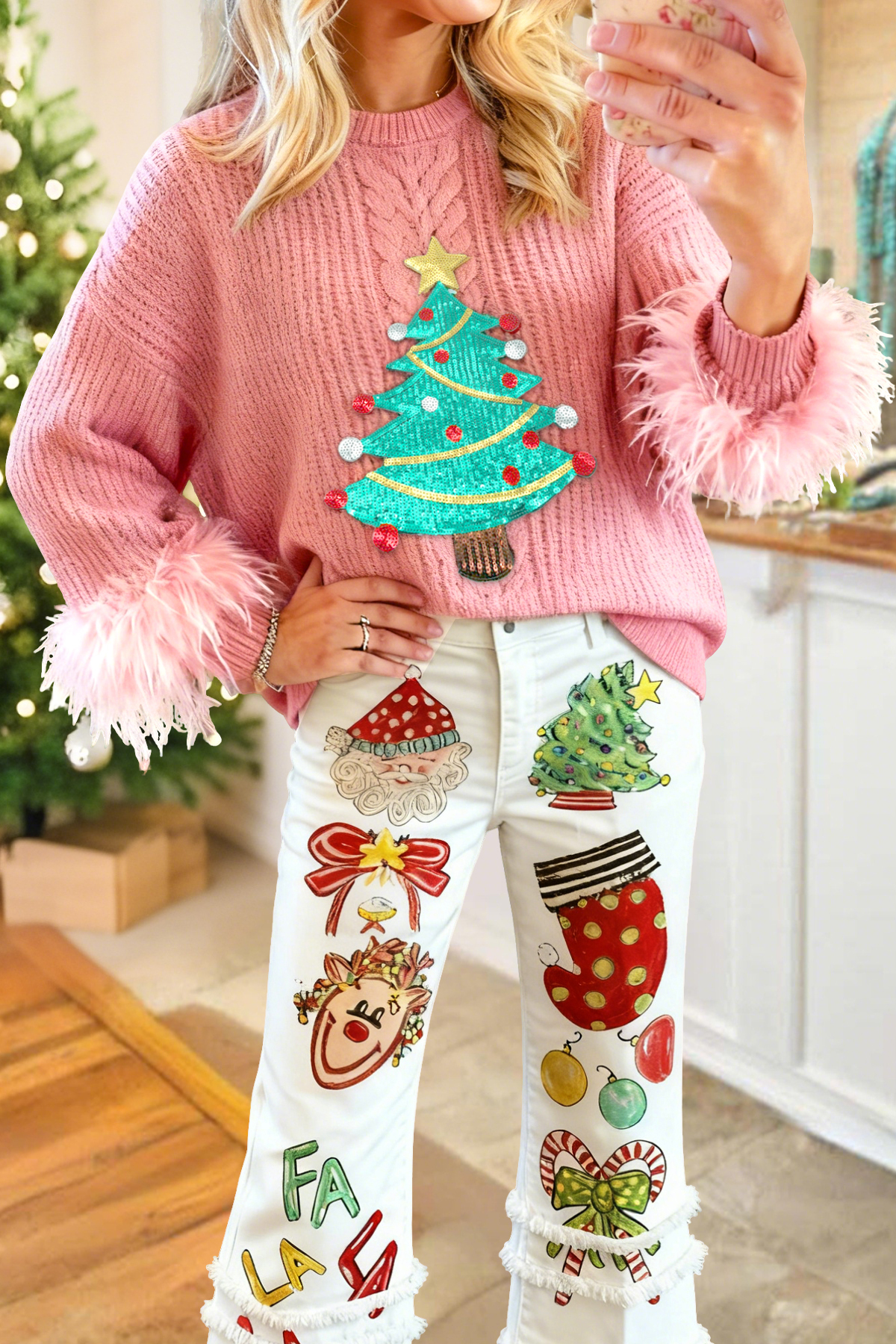Sweet Christmas Tree Sequin Turkey Feather Sweater