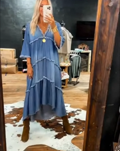 Washed Denim Frayed Beach Cake Maxi Dress