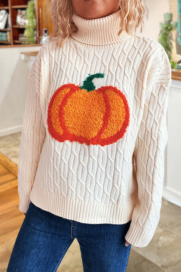 Halloween Pumpkin Towel Embroidery Turtleneck Cable Sweater