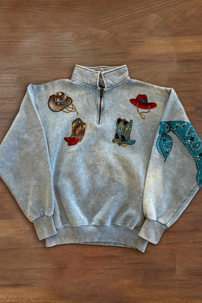 Western Boots Hat Printed Zip-Up Sweatshirt