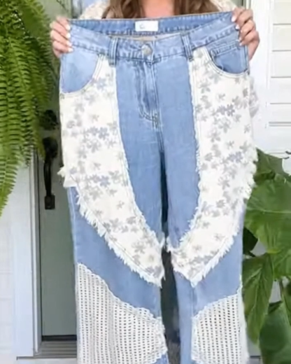 Floral Mesh Patchwork Jeans