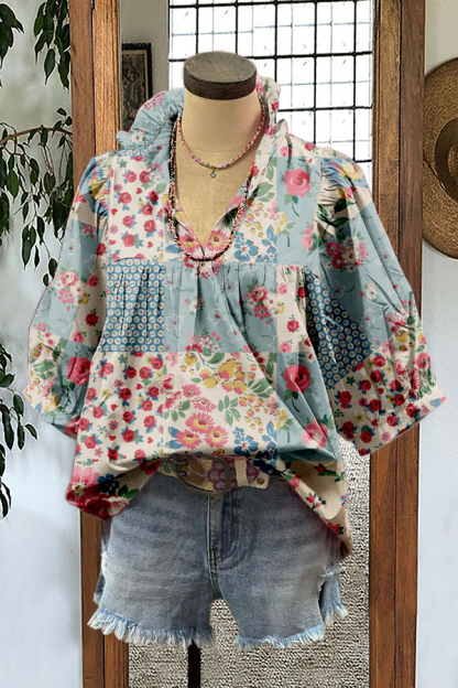 Cute Floral Print Puff Sleeve Blouse