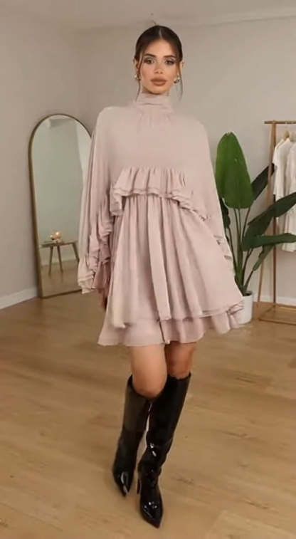 Elegant Sheer Chiffon Ruffle Dress And Shawl Two-Piece Set