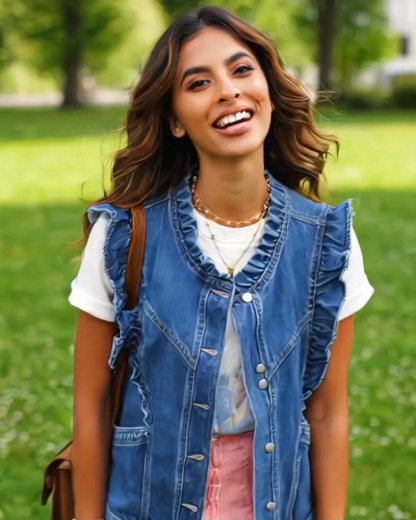 Casual Denim Pockets Ruffled Vest